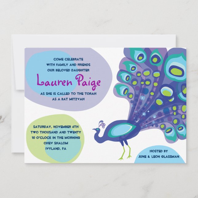 Moderno Bar Peacock Bar Bat Mitzvah Invitación (Anverso)
