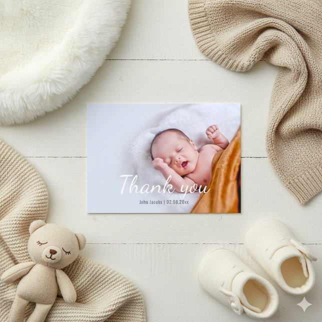 Moderno, bebé de ducha de bebé, tarjeta de agradec (Thank you photo card for baby shower, newborn celebration.)