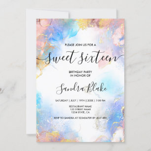 Moderno Blue Gold Girly Trendy Sweet 16 Invitación