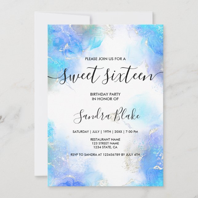 Moderno Blue Gold Girly Trendy Sweet 16 Invitación (Anverso)