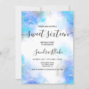 Moderno Blue Gold Girly Trendy Sweet 16 Invitación