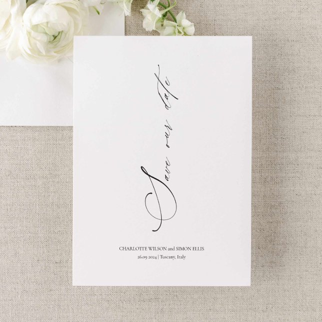 Moderno Boda de guión elegante Guardar invitación  (elegant calligraphy wedding save the date invitation, simple unique save our date announcement)