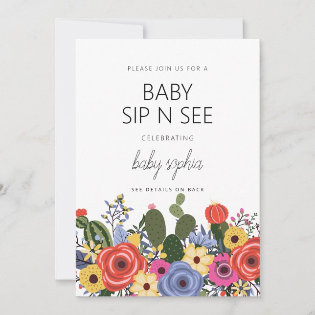 Moderno Boho Floral Baby Sip Y Ver Invitación (Anverso)