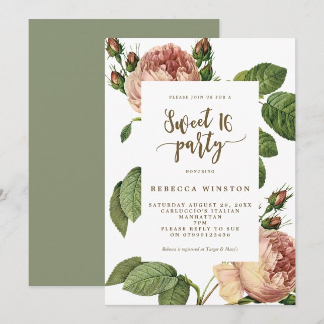 moderno botánico floral dulce 16 invitación (Anverso / Reverso)