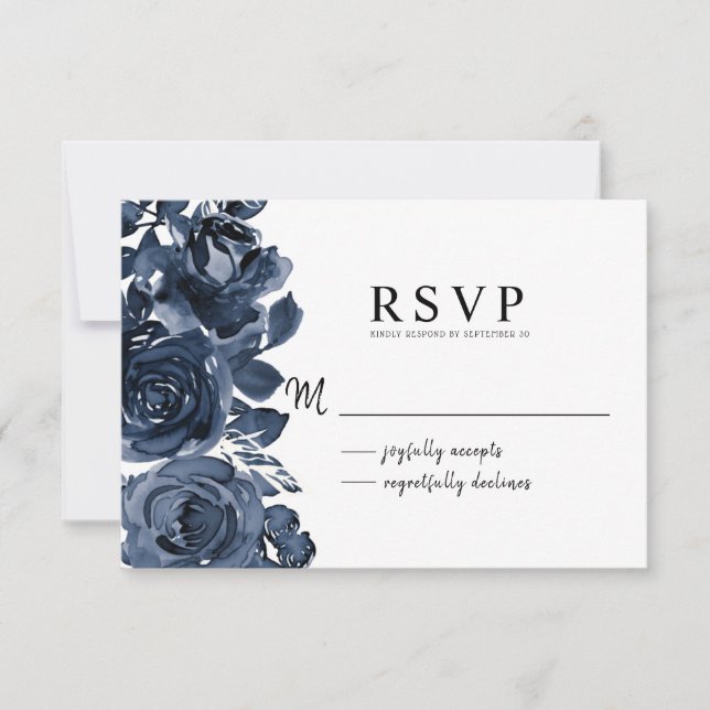 Moderno Bouquet floral de tinta azul oscuro RSVP (Anverso)