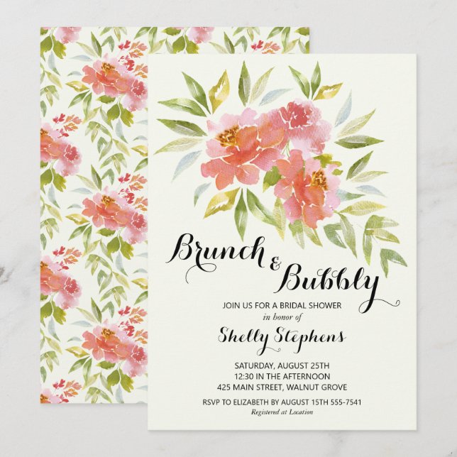 Moderno Brunch y Bubbly Floral Shower Invitación (Anverso / Reverso)