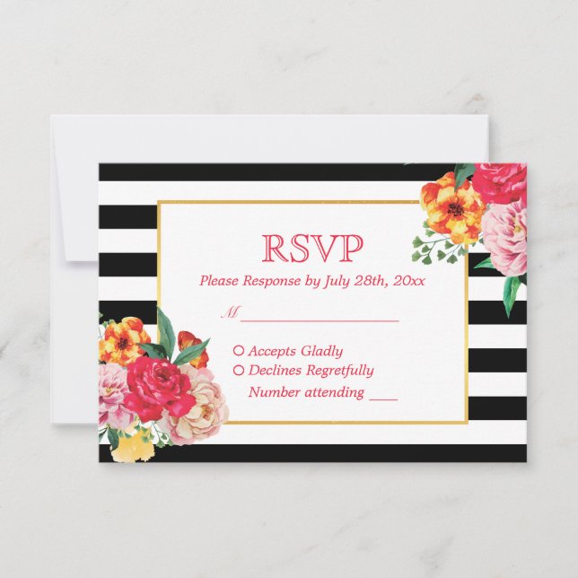 Moderno clásico striped Floral Peony Wedding RSVP (Anverso)