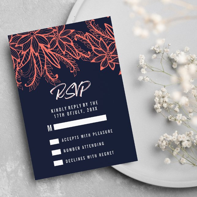 Moderno coral azul marino verano floral Boda RSVP (Modern navy blue coral summer floral Wedding RSVP )