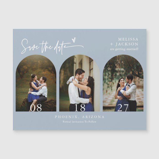 Moderno Dusty Blue Minimal Save the Date Arch Phot (Anverso)