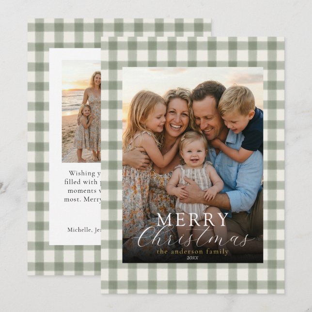 Moderno elegante foto Feliz Navidad Gingham   (Anverso / Reverso)