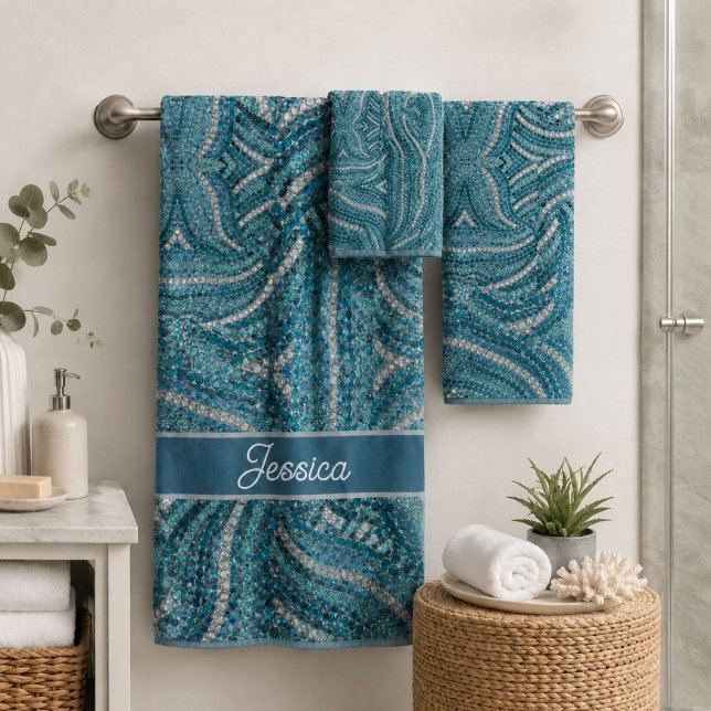 Moderno Elegante Gris Plateado Turquesa Azul Remol (Modern Elegant Silver Grey Turquoise Blue Swirl Bath Towel Set)
