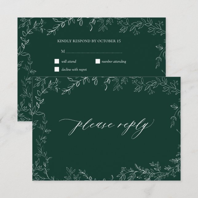 Moderno Emerald Green Elegant Leaf Wedding RSVP (Anverso / Reverso)
