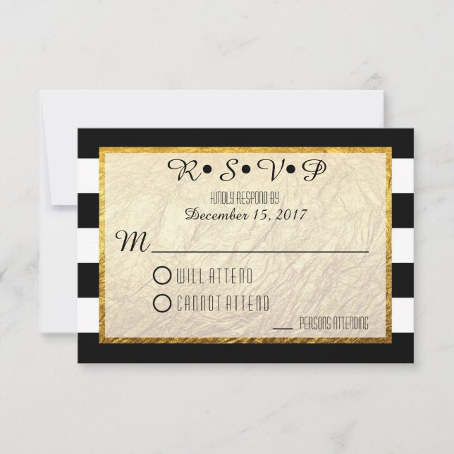 Moderno Faux Gold Black Stripe Wedding RSVP (Anverso)