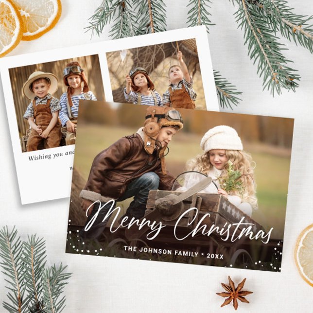 Moderno Feliz Navidad 3 Fotos Saludo (Customizable Christmas holiday greeting photo card.)