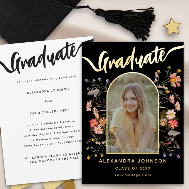 Moderno Fiesta de Invitación para graduados de fot (Modern photo arch floral graduation announcement party invitation elegant trendy gold foil script)