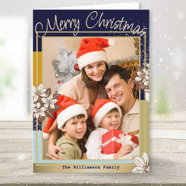 Moderno Floral Azul Dorado Foto Feliz Navidad