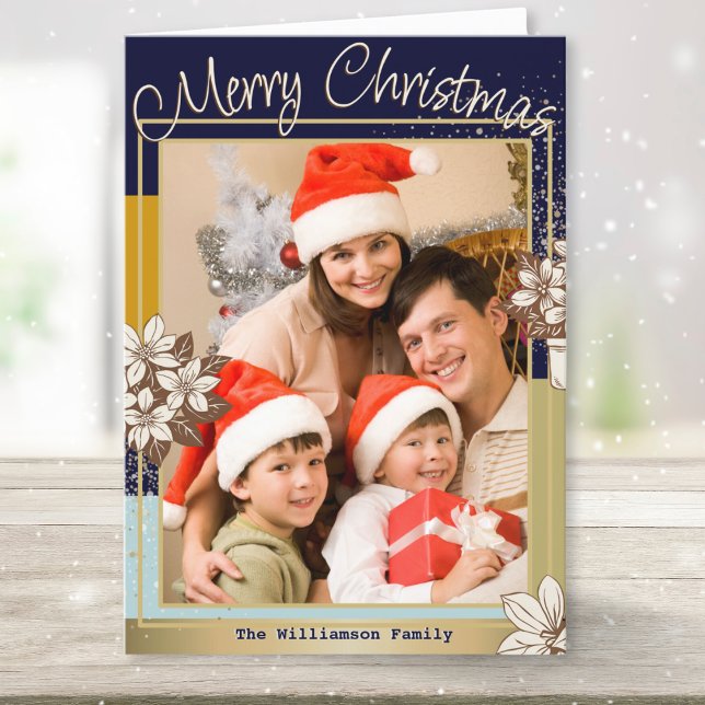 Moderno Floral Azul Dorado Foto Feliz Navidad (A contemporary blue and faux gold Christmas card to personalize with your own photo and name(s))
