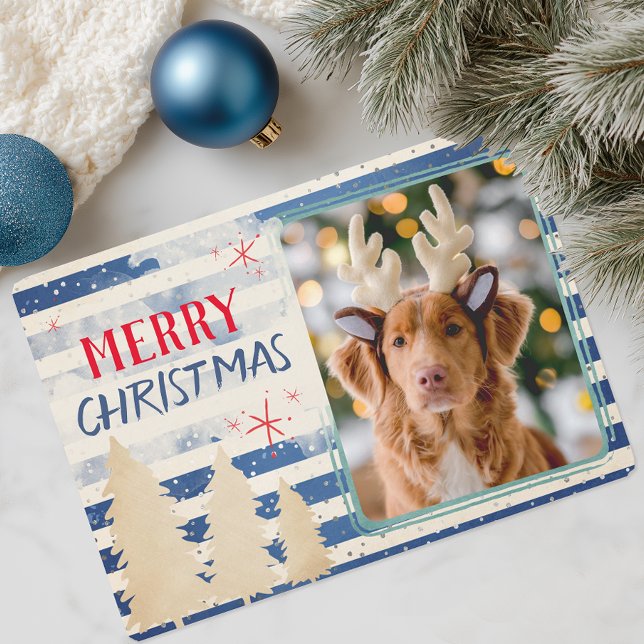 Moderno Foto de Navidad Feliz Fiesta (Modern Blue Stripes Photo Christmas Card)