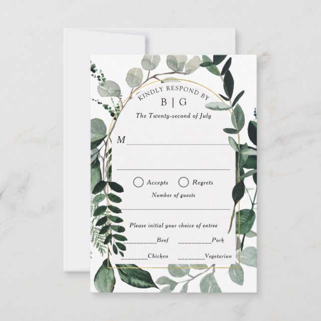 Moderno Greenery Wedding RSVP con opción de comida (Anverso)