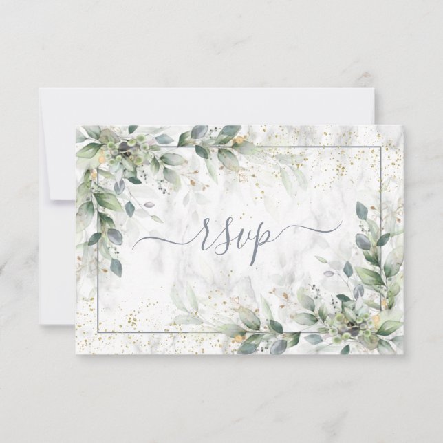 Moderno Gris Gris Blanco Floral Mármol de oro RSVP (Anverso)