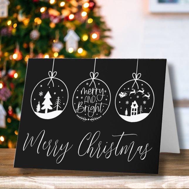 Moderno guión blanco negro Feliz Navidad (Modern Black Merry Bright Script Merry Christmas Holiday Card)