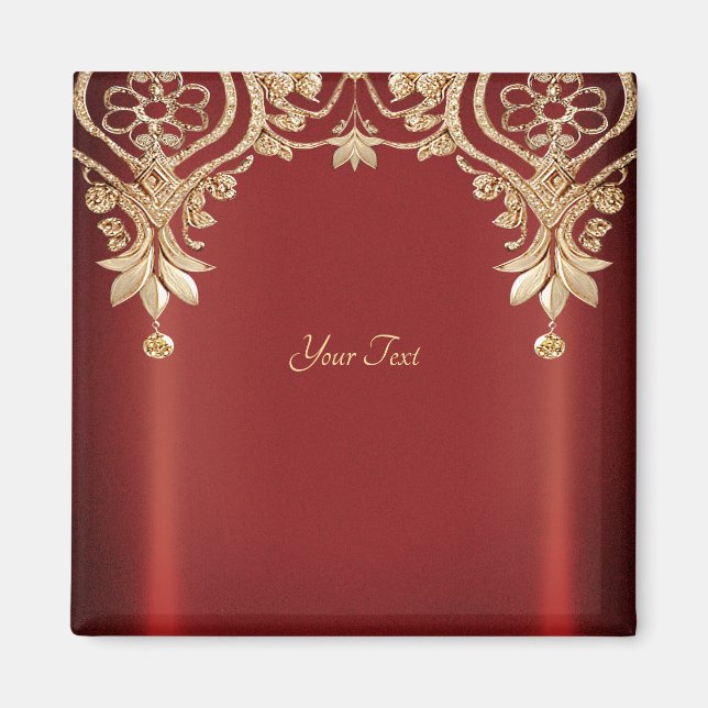 Moderno imán floral rojo dorado (Frente)