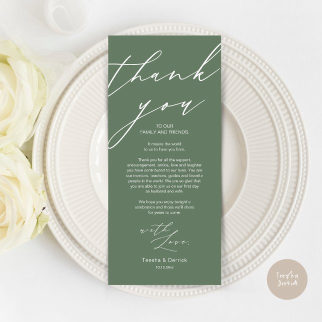Moderno lugar Boda Ajuste Gracias Cena Tarjeta (Wedding Dinner Place Setting Thank You Card, Modern Minimalist Script, in Sage Green)
