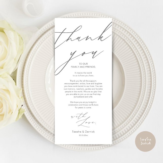 Moderno lugar Boda Ajuste Gracias Cena Tarjeta (Wedding Dinner Place Setting Thank You Card, Modern Minimalist Script, in Dark Grey)