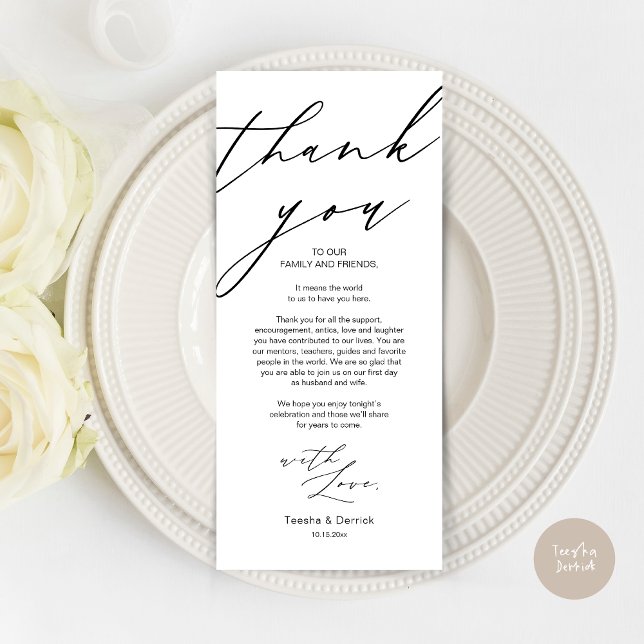 Moderno lugar Boda Ajuste Gracias Cena Tarjeta (Wedding Dinner Place Setting Thank You Card, Modern Minimalist Script, in Black White)