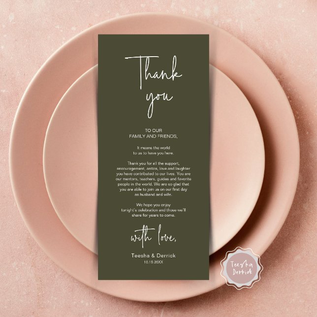Moderno lugar Boda de la cena Tarjeta de agradecim (Modern Romantic Wedding Place Setting Dinner Thank You Card, in Olive Green)