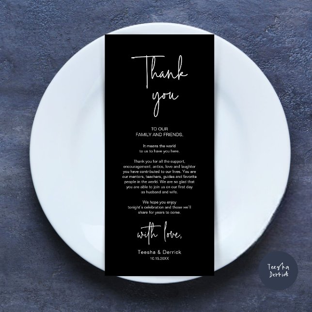Moderno lugar Boda de la cena Tarjeta de agradecim (Modern Romantic Wedding Place Setting Dinner Thank You Card, in Classy Black)