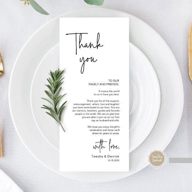 Moderno lugar Boda de la cena Tarjeta de agradecim (Modern Wedding Place Setting Dinner Thank You Card, Minimalist Elegant Script, in Black and White)