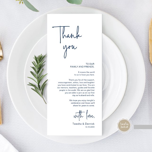 Moderno lugar Boda de la cena Tarjeta de agradecim (Modern Wedding Dinner Place Setting Thank You Card, in Handwriting Script, Navy Blue)