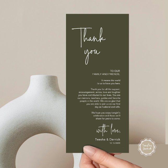 Moderno lugar Boda de la cena Tarjeta de agradecim (Modern Wedding Dinner Place Setting Thank You Card, in Handwriting Script, Olive Sage Green)