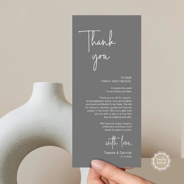 Moderno lugar Boda de la cena Tarjeta de agradecim (Modern Wedding Dinner Place Setting Thank You Card, in Handwriting Script, Dark Grey)