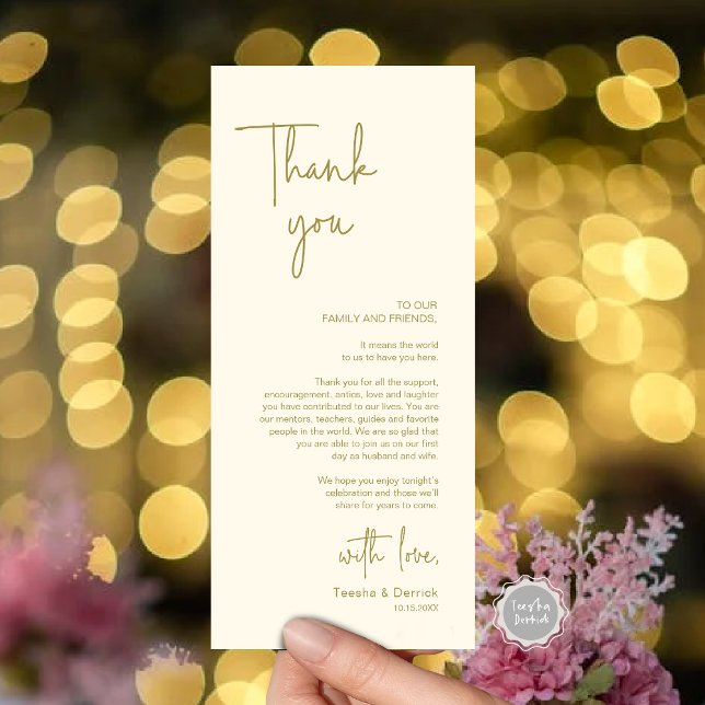 Moderno lugar Boda de la cena Tarjeta de agradecim (Modern Wedding Dinner Place Setting Thank You Card, in Handwriting Script, Gold Scheme)