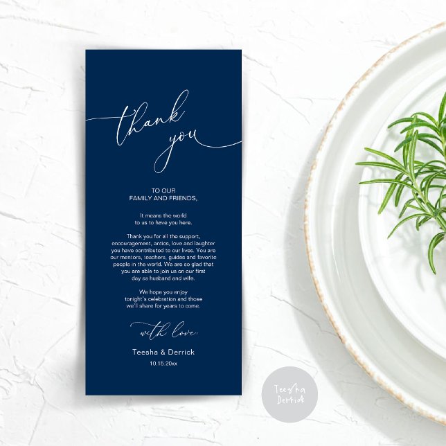Moderno lugar de cena Boda - Tarjeta de agradecimi (Modern Wedding Dinner Place Setting Thank You Card, Plate decor, in Navy Blue)