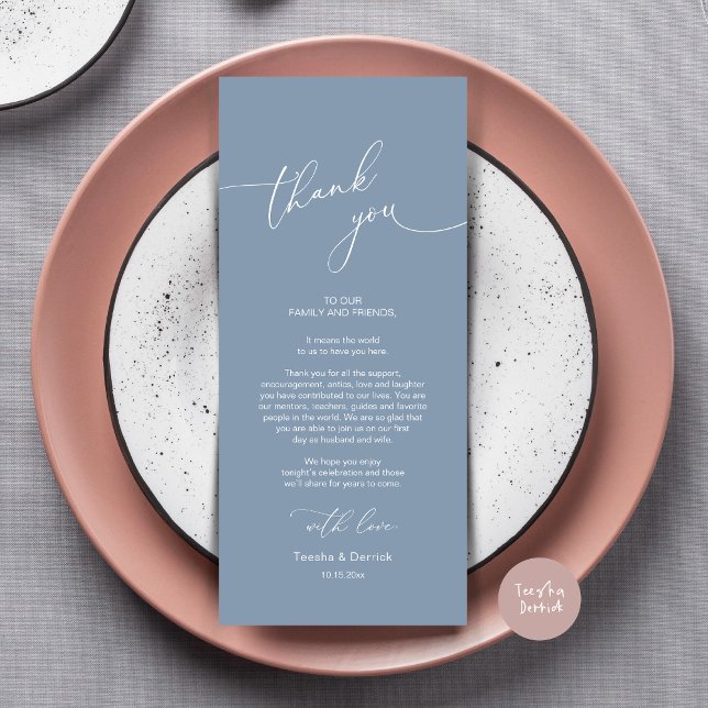Moderno lugar de cena Boda - Tarjeta de agradecimi (Modern Wedding Dinner Place Setting Thank You Card, Plate decor, in Dusty Blue)