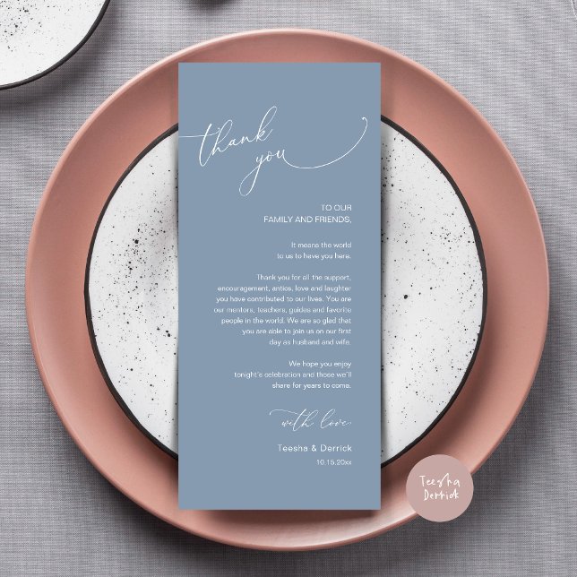 Moderno lugar de cena Boda - Tarjeta de agradecimi (Modern Wedding Dinner Place Setting Thank You Card, Plate decor, in Dusty Blue)