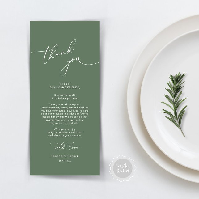 Moderno lugar de cena Boda - Tarjeta de agradecimi (Modern Wedding Dinner Place Setting Thank You Card, Plate decor, in Forest Sage Green)