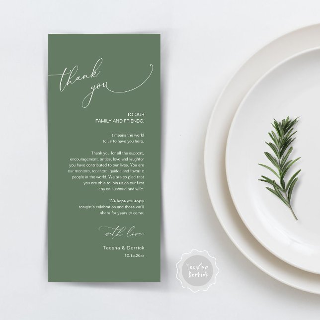 Moderno lugar de cena Boda - Tarjeta de agradecimi (Modern Wedding Dinner Place Setting Thank You Card, Plate decor, in Forest Sage Green)