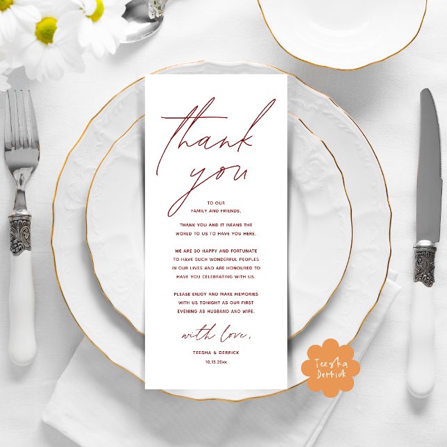 Moderno lugar de cena Boda - Tarjeta de agradecimi (Modern Wedding Dinner Lunch Brunch Celebration Place Setting Thank You Card in Burgundy Wine Red)