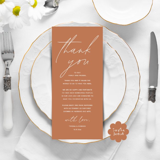Moderno lugar de cena Boda - Tarjeta de agradecimi (Modern Wedding Dinner Lunch Brunch Celebration Place Setting Thank You Card in Copper Brown)