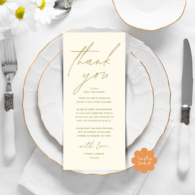 Moderno lugar de cena Boda - Tarjeta de agradecimi (Modern Wedding Dinner Lunch Brunch Celebration Place Setting Thank You Card in Yellow Gold)