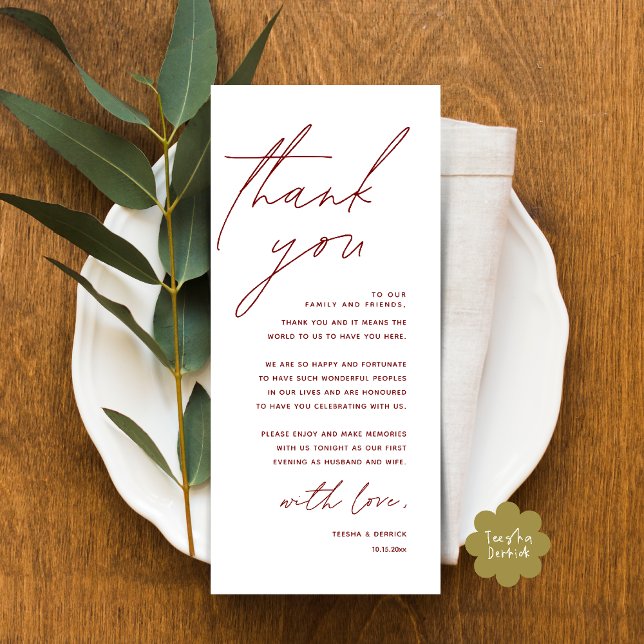 Moderno lugar de cena Boda - Tarjeta de agradecimi (Modern Wedding Dinner Lunch Brunch Celebration Place Setting Thank You Card in Burgundy Wine Red)