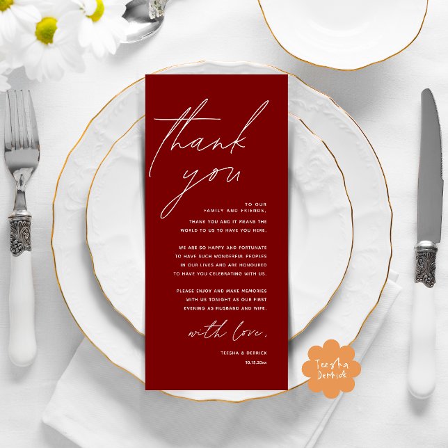 Moderno lugar de cena Boda - Tarjeta de agradecimi (Modern Wedding Dinner Lunch Brunch Celebration Place Setting Thank You Card in Burgundy Wine Red)