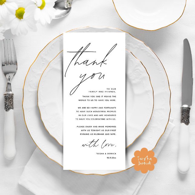 Moderno lugar de cena Boda - Tarjeta de agradecimi (Modern Wedding Dinner Lunch Brunch Celebration Place Setting Thank You Card in Black White)