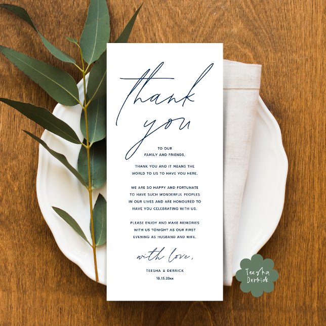 Moderno lugar de cena Boda - Tarjeta de agradecimi (Modern Wedding Dinner Lunch Brunch Celebration Place Setting Thank You Card in Navy Blue)