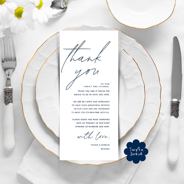 Moderno lugar de cena Boda - Tarjeta de agradecimi (Modern Wedding Dinner Lunch Brunch Celebration Place Setting Thank You Card in Navy Blue)