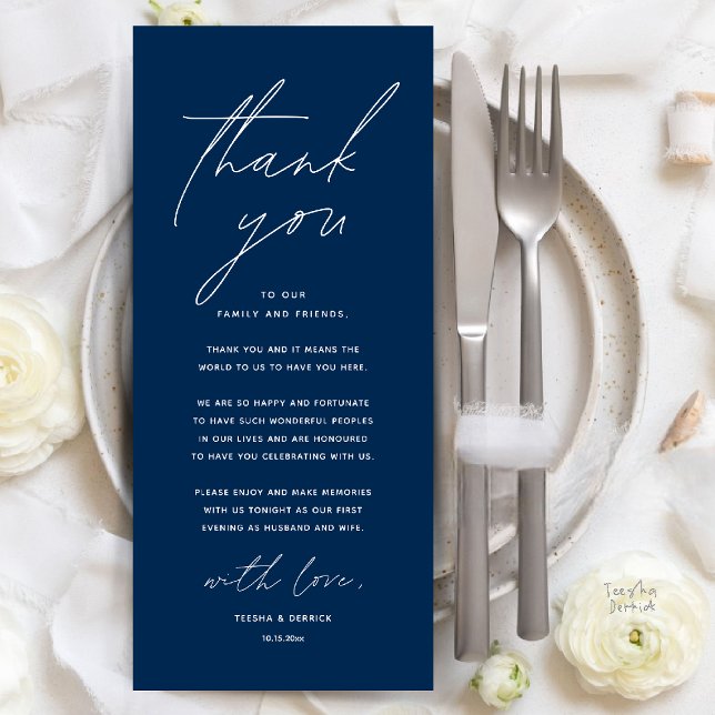 Moderno lugar de cena Boda - Tarjeta de agradecimi (Modern Wedding Dinner Place Setting Thank You Card Reception Brunch Lunch in Navy Blue)